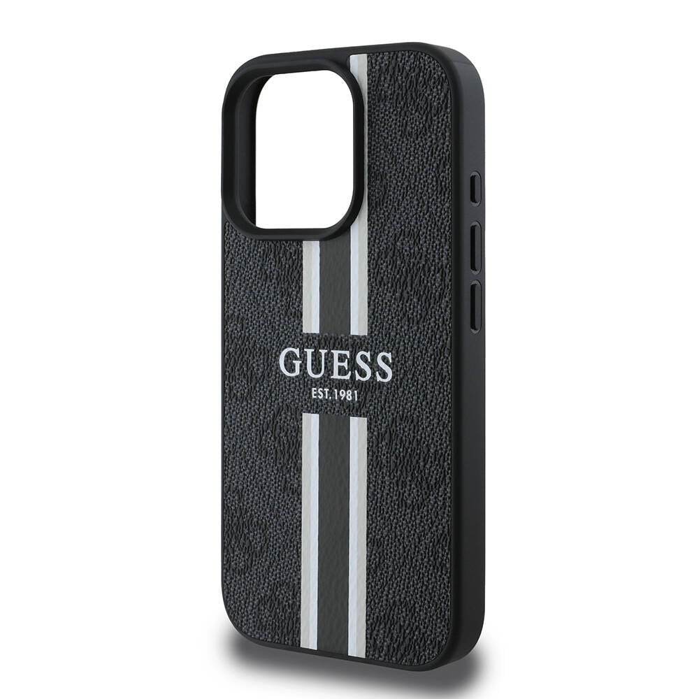 Guess Orijinal Lisanslı iPhone 16 Pro Max MagSafe Uyumlu Kılıf – 4G Şerit Tasarımlı, Printed Kapak Siyah