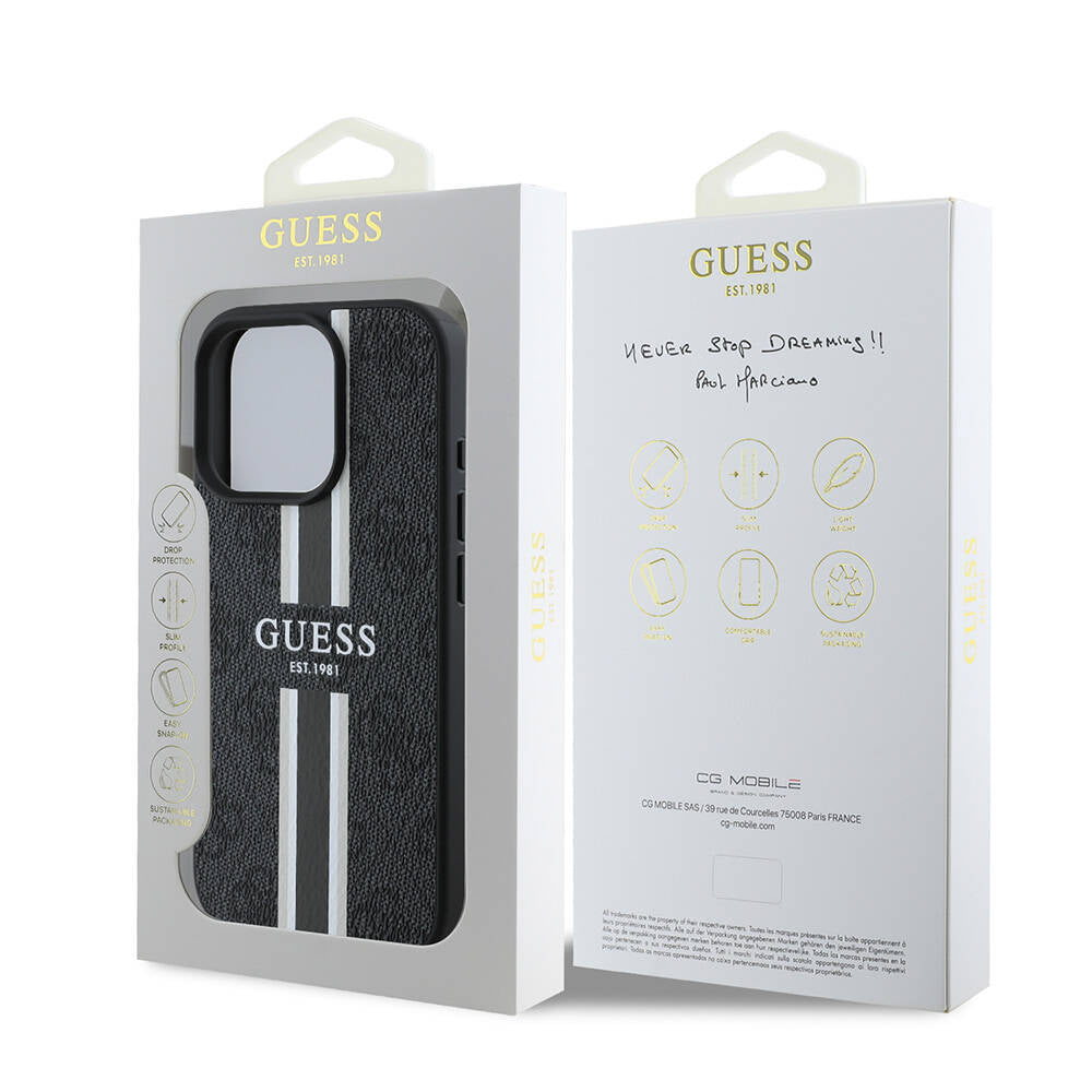 Guess Orijinal Lisanslı iPhone 16 Pro Max MagSafe Uyumlu Kılıf – 4G Şerit Tasarımlı, Printed Kapak Siyah