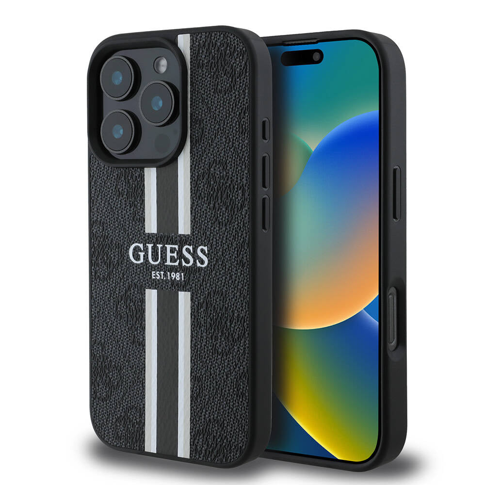 Guess Orijinal Lisanslı iPhone 16 Pro Max MagSafe Uyumlu Kılıf – 4G Şerit Tasarımlı, Printed Kapak Siyah