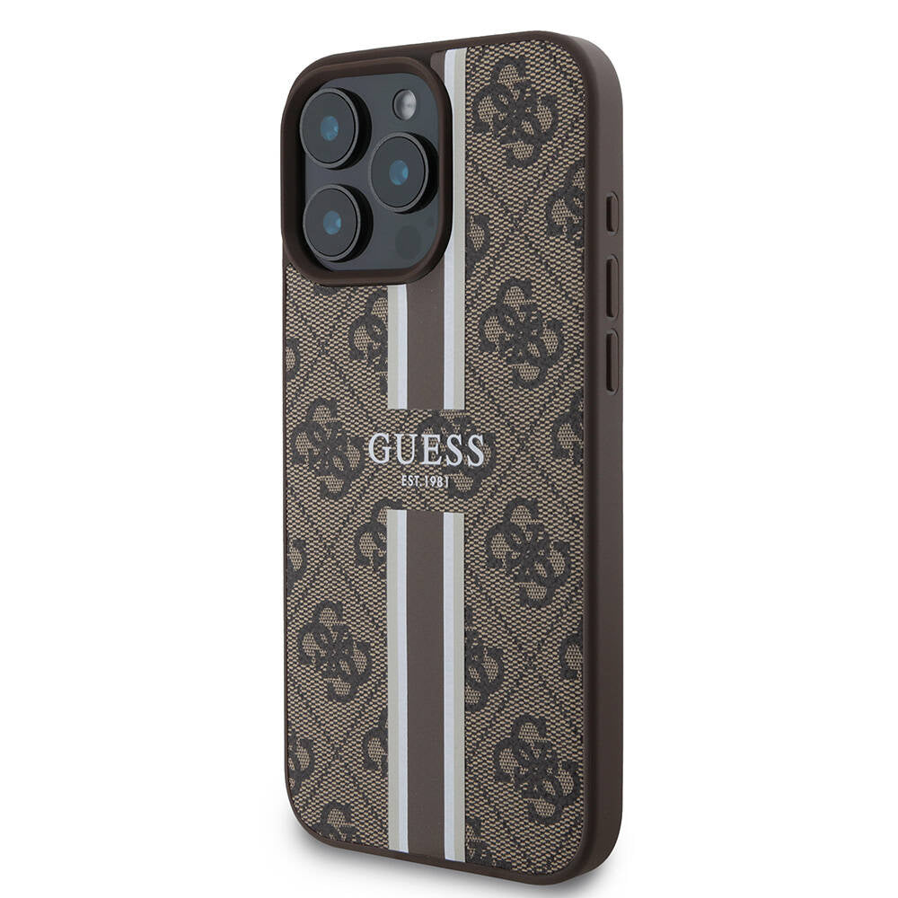 Guess Orijinal Lisanslı iPhone 16 Pro MagSafe Uyumlu Kılıf – 4G Şerit Tasarımlı, Printed Kapak Kahverengi