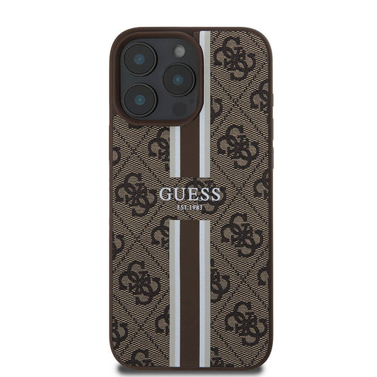 Guess Orijinal Lisanslı iPhone 16 Pro Max MagSafe Uyumlu Kılıf – 4G Şerit Tasarımlı, Printed Kapak Kahverengi