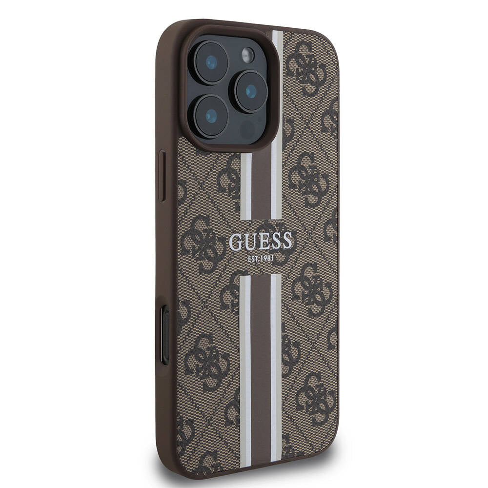 Guess Orijinal Lisanslı iPhone 16 Pro MagSafe Uyumlu Kılıf – 4G Şerit Tasarımlı, Printed Kapak Kahverengi