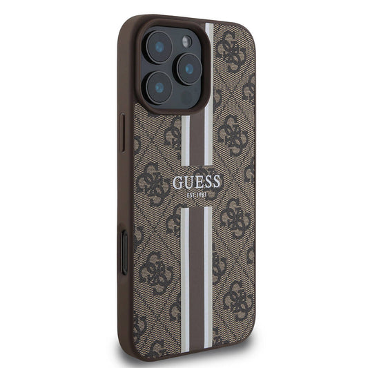Guess Orijinal Lisanslı iPhone 16 Pro Max MagSafe Uyumlu Kılıf – 4G Şerit Tasarımlı, Printed Kapak Kahverengi
