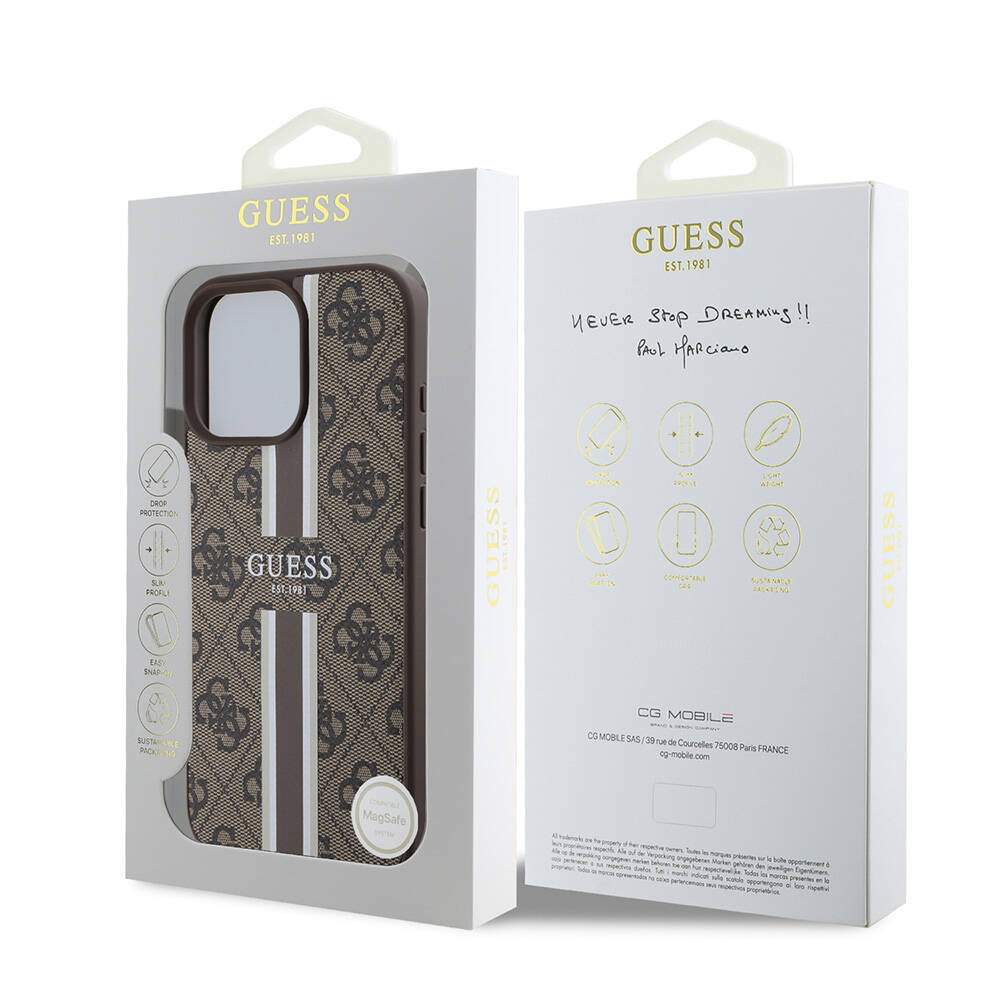 Guess Orijinal Lisanslı iPhone 16 Pro MagSafe Uyumlu Kılıf – 4G Şerit Tasarımlı, Printed Kapak Kahverengi