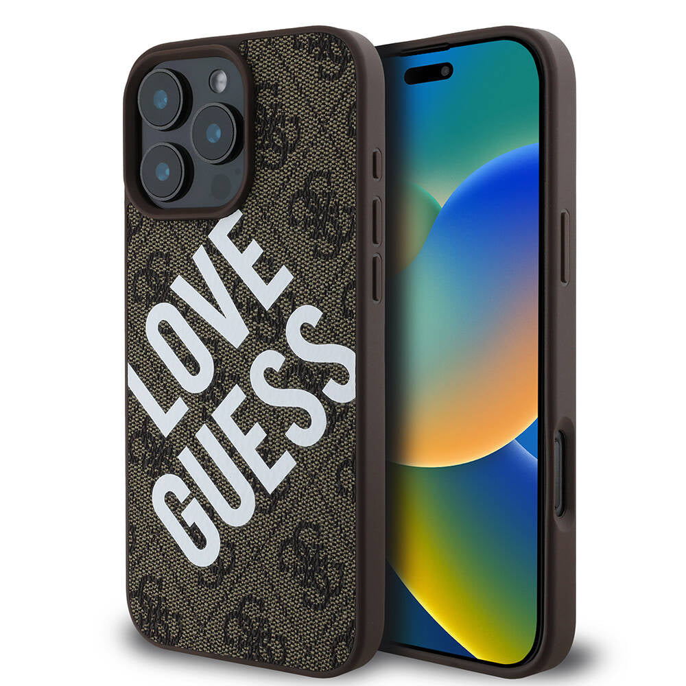 Guess Orijinal Lisanslı iPhone 16 Pro Uyumlu Kılıf – Big Love Guess Tasarım Kahvrengi