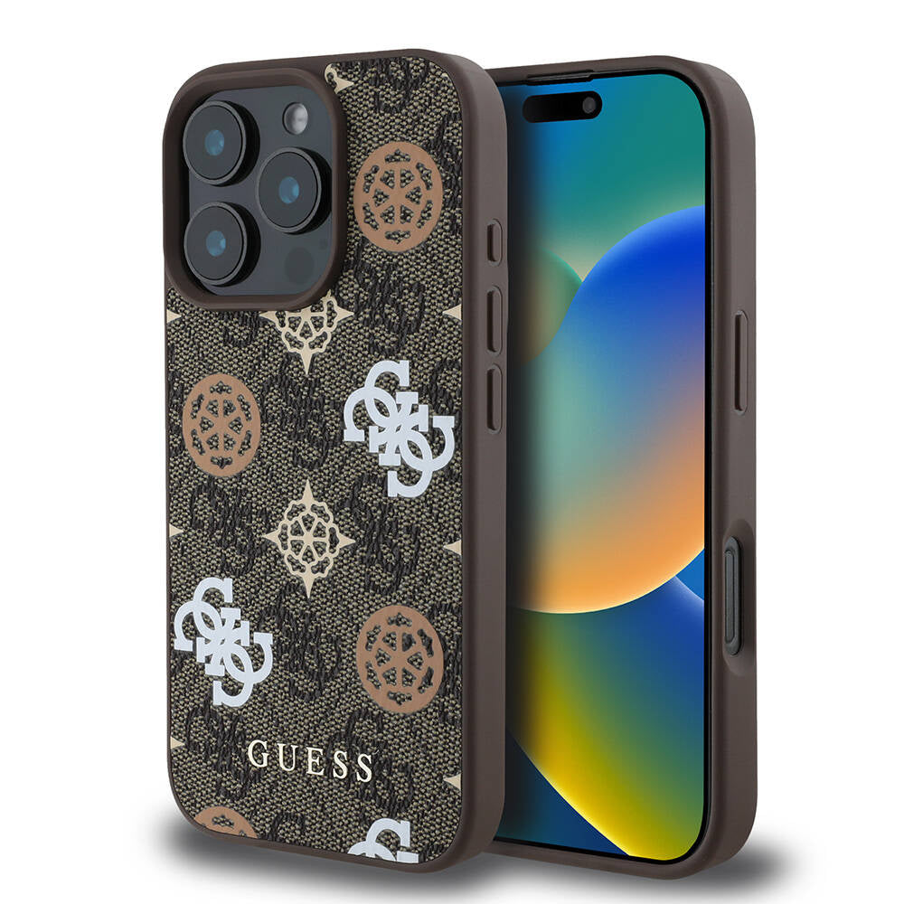 Guess Orijinal Lisanslı iPhone 16 Pro MagSafe Uyumlu Kılıf – 4G Desenli, Yazı Logolu, Peony Tasarım Kahverengi