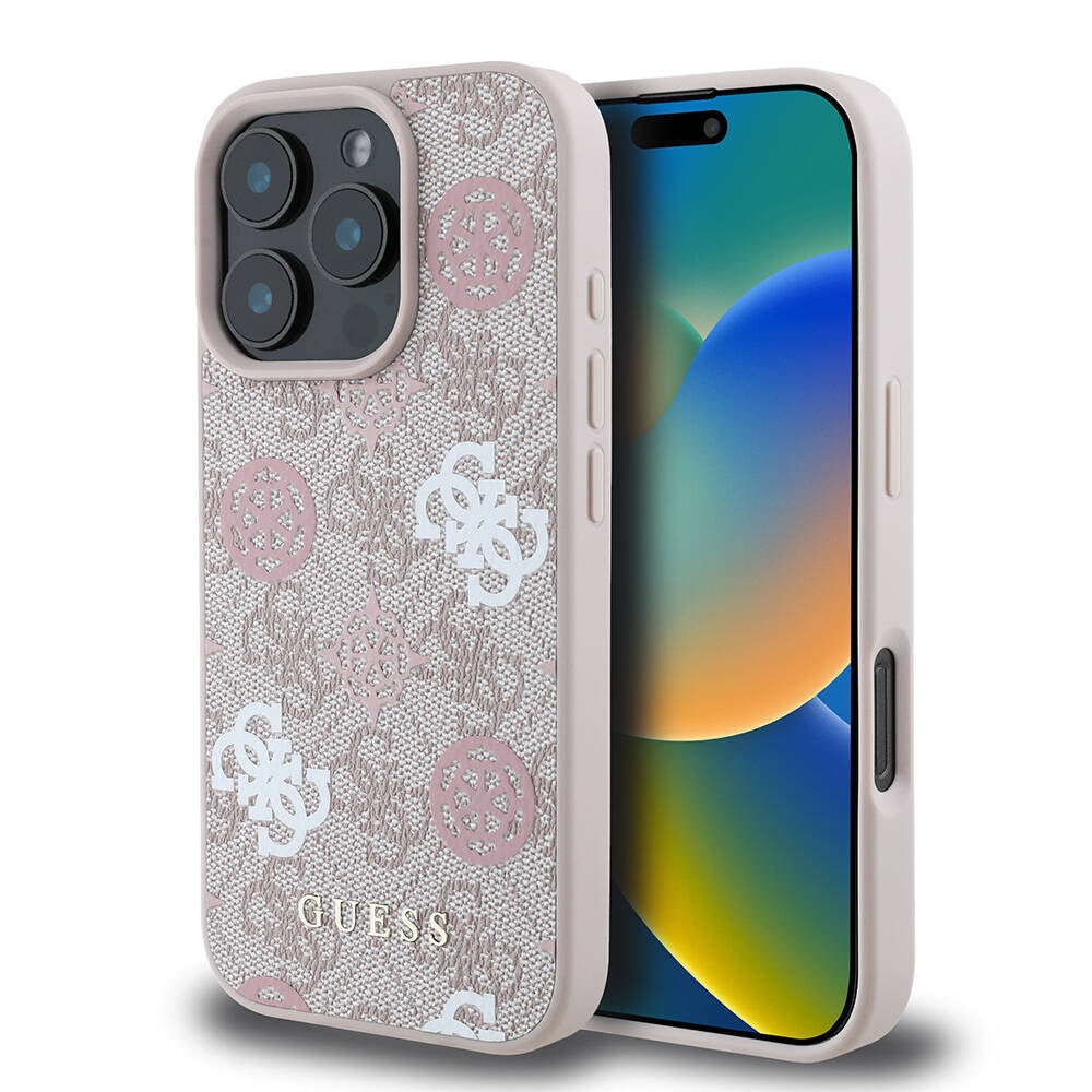 Guess Orijinal Lisanslı iPhone 16 Pro MagSafe Uyumlu Kılıf – 4G Desenli, Yazı Logolu, Peony Tasarım Pembe