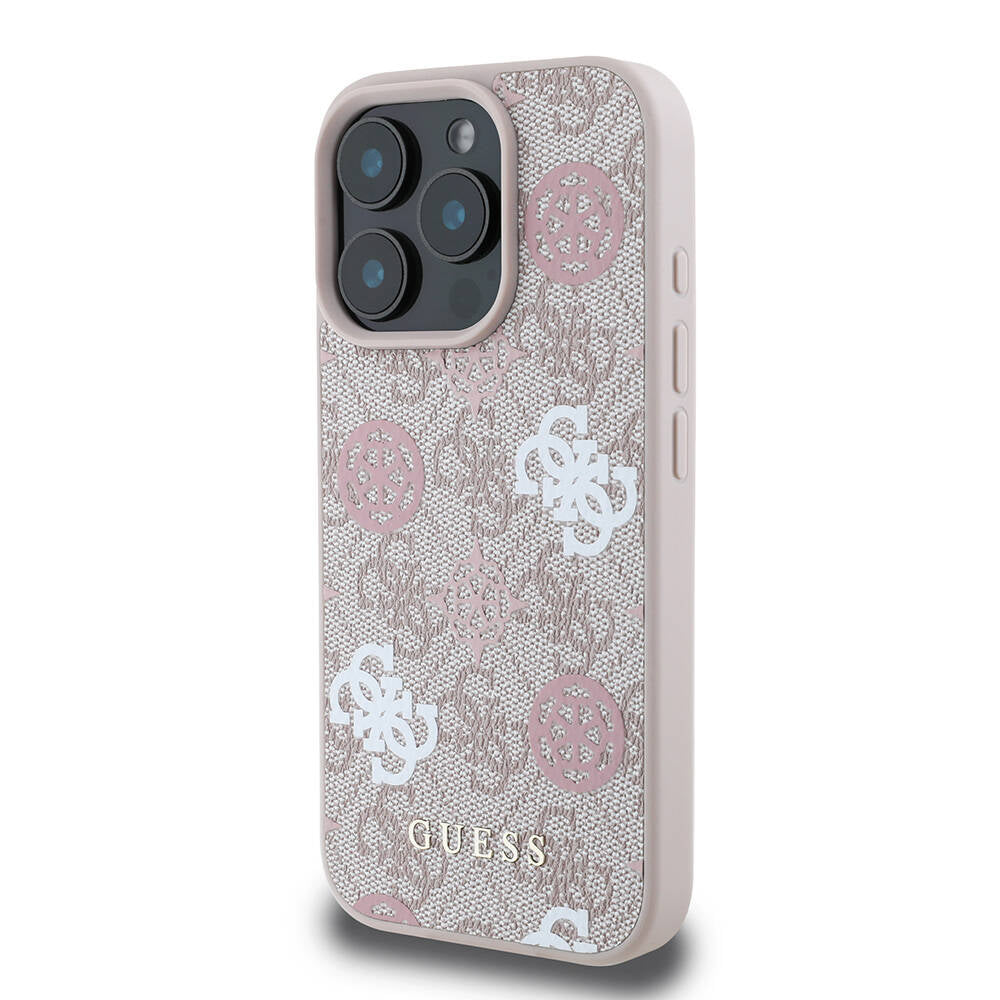 Guess Orijinal Lisanslı iPhone 16 Pro MagSafe Uyumlu Kılıf – 4G Desenli, Yazı Logolu, Peony Tasarım Pembe