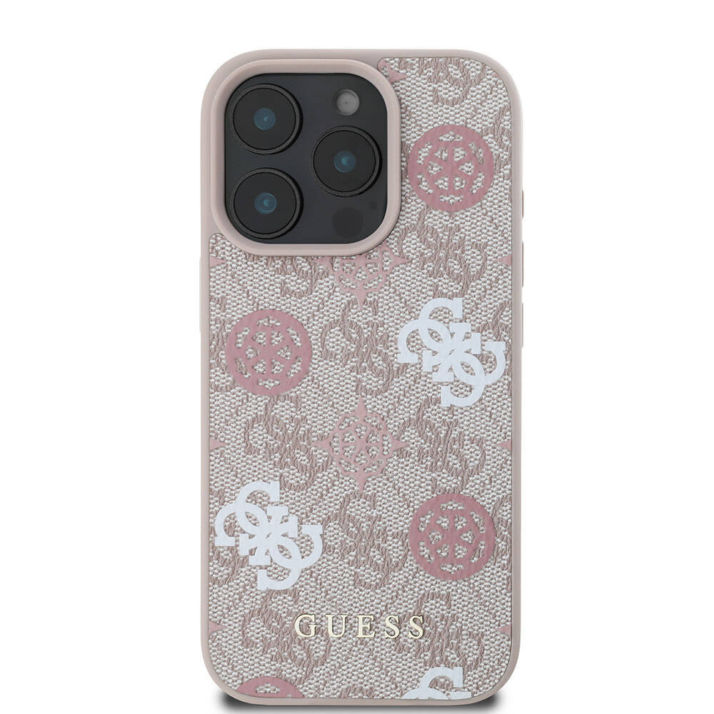 Guess Orijinal Lisanslı iPhone 16 Pro MagSafe Uyumlu Kılıf – 4G Desenli, Yazı Logolu, Peony Tasarım Pembe