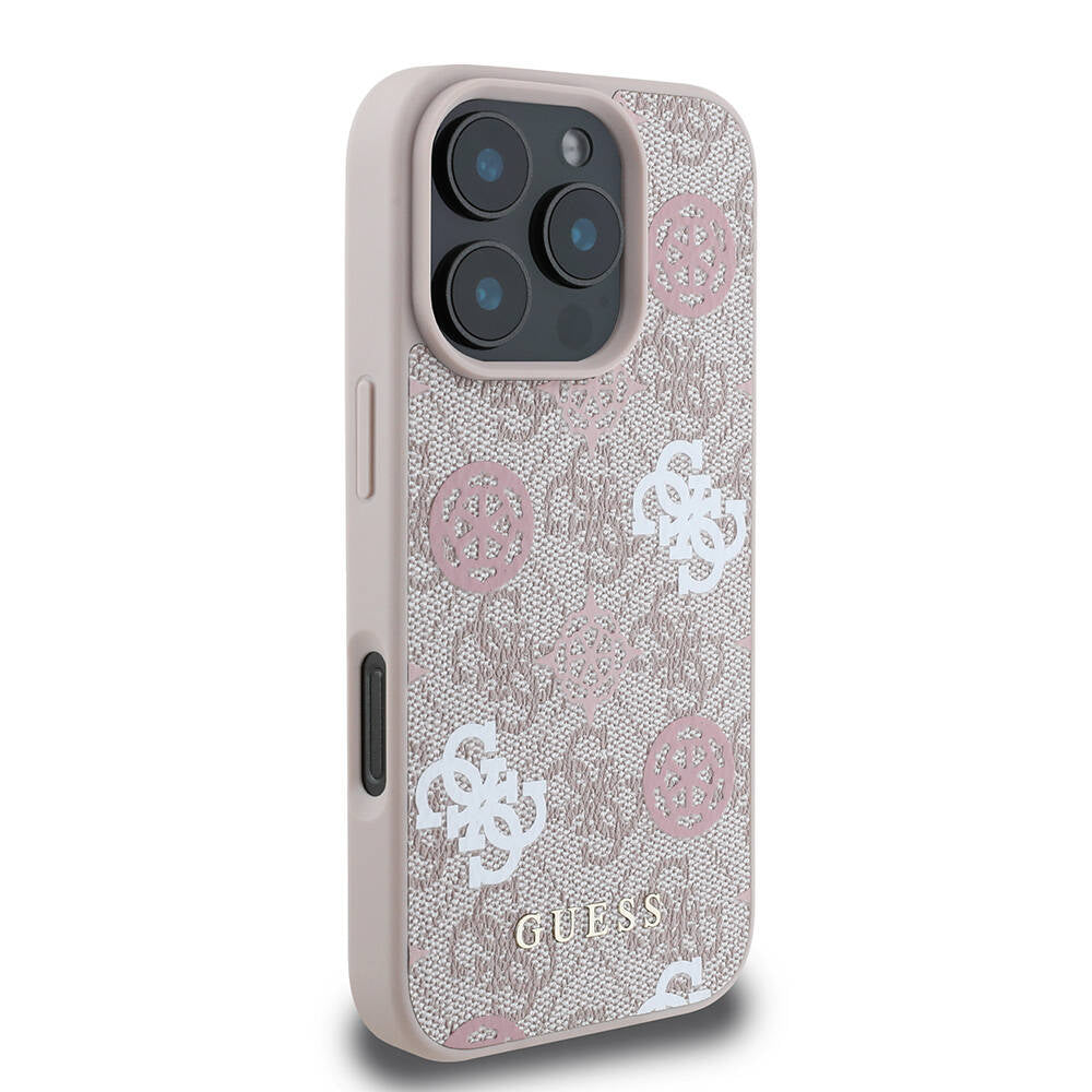 Guess Orijinal Lisanslı iPhone 16 Pro MagSafe Uyumlu Kılıf – 4G Desenli, Yazı Logolu, Peony Tasarım Pembe