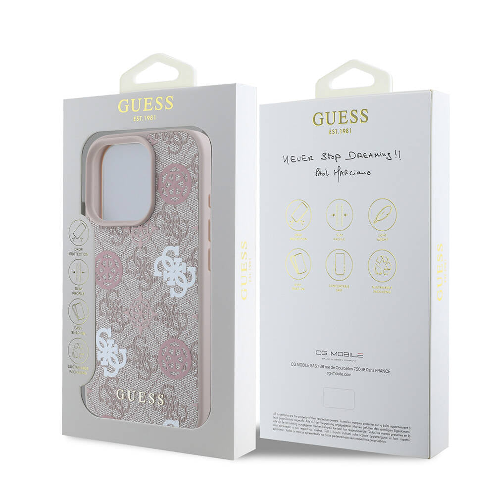 Guess Orijinal Lisanslı iPhone 16 Pro MagSafe Uyumlu Kılıf – 4G Desenli, Yazı Logolu, Peony Tasarım Pembe