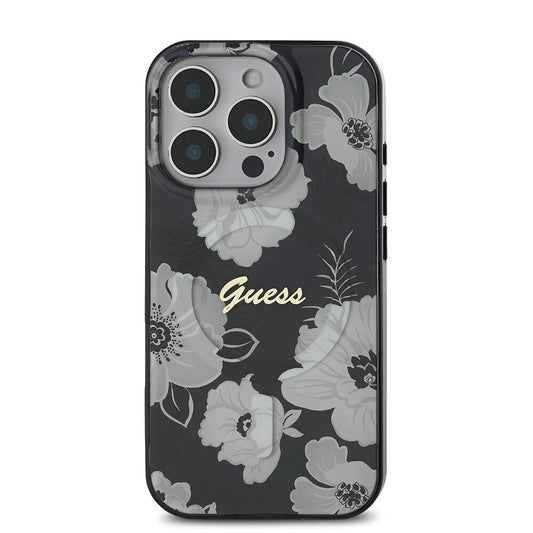 Guess Orijinal Lisanslı iPhone 16 Pro MagSafe Uyumlu Kılıf – Flower Tone on Tone, Ring Tasarım Siyah
