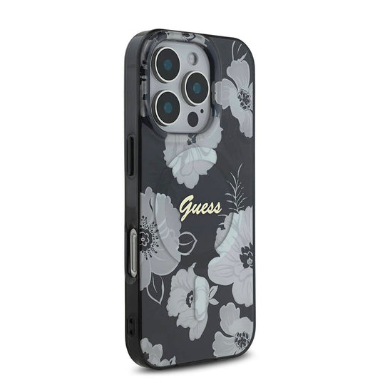 Guess Orijinal Lisanslı iPhone 16 Pro MagSafe Uyumlu Kılıf – Flower Tone on Tone, Ring Tasarım Siyah