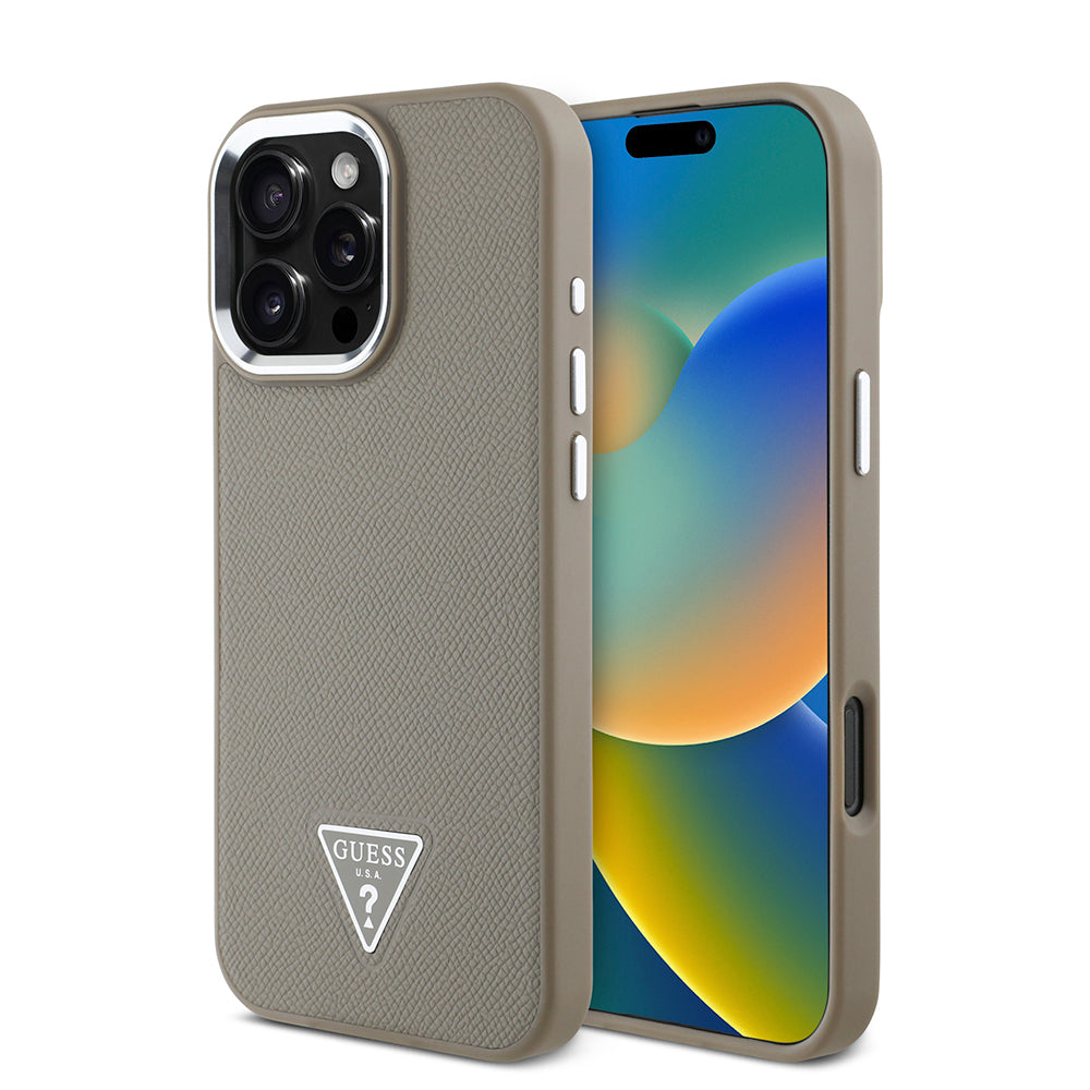 Guess Orijinal Lisanslı iPhone 16 Pro MagSafe Uyumlu Kılıf – Grained Triangle Tasarım Bej