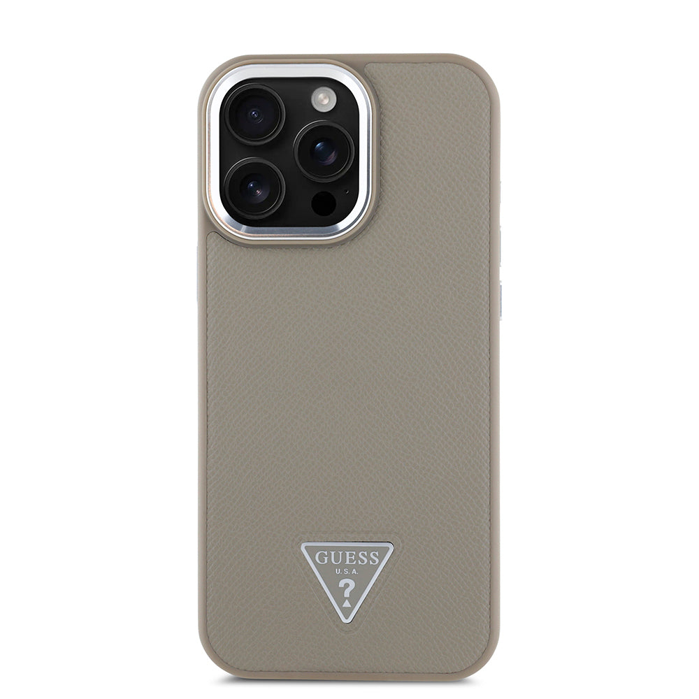 Guess Orijinal Lisanslı iPhone 16 Pro MagSafe Uyumlu Kılıf – Grained Triangle Tasarım Bej