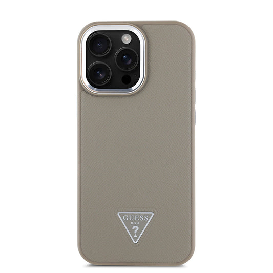 Guess Orijinal Lisanslı iPhone 16 Pro MagSafe Uyumlu Kılıf – Grained Triangle Tasarım Bej