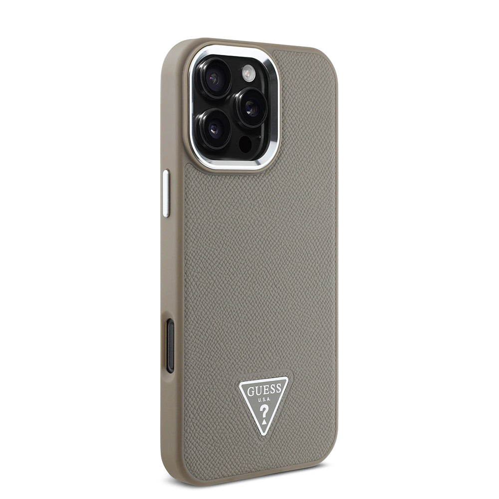 Guess Orijinal Lisanslı iPhone 16 Pro MagSafe Uyumlu Kılıf – Grained Triangle Tasarım Bej