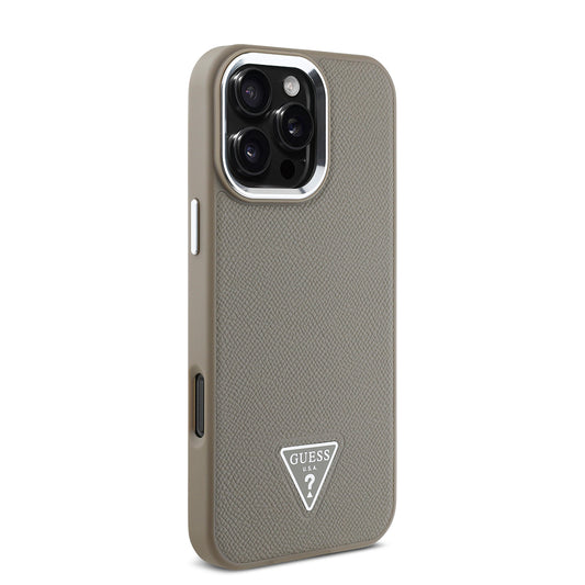 Guess Orijinal Lisanslı iPhone 16 Pro MagSafe Uyumlu Kılıf – Grained Triangle Tasarım Bej