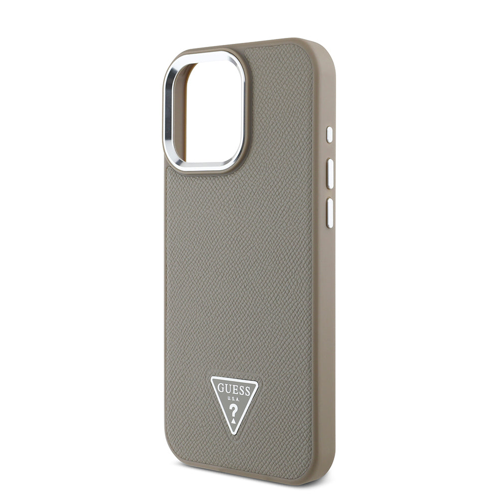 Guess Orijinal Lisanslı iPhone 16 Pro MagSafe Uyumlu Kılıf – Grained Triangle Tasarım Bej