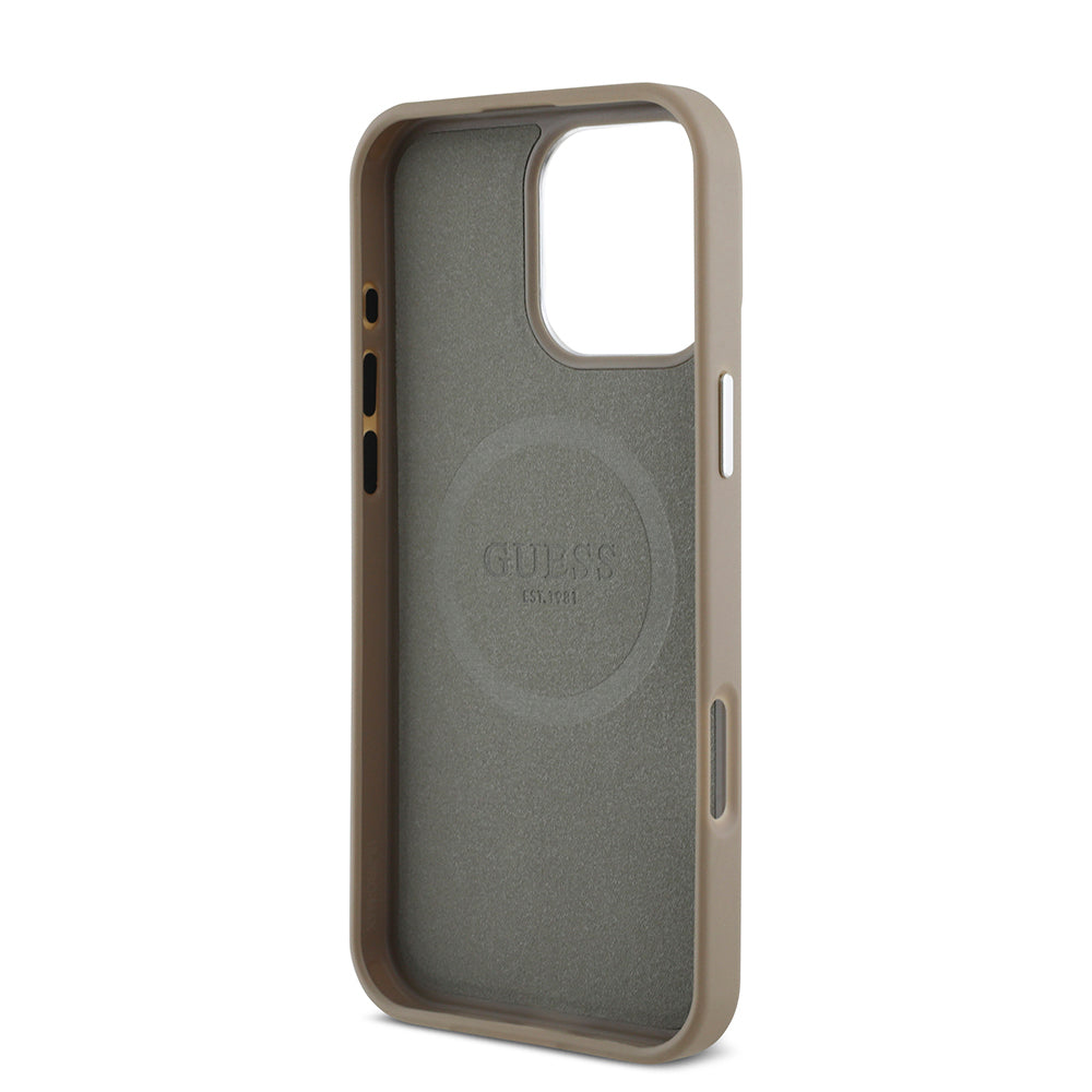 Guess Orijinal Lisanslı iPhone 16 Pro MagSafe Uyumlu Kılıf – Grained Triangle Tasarım Bej