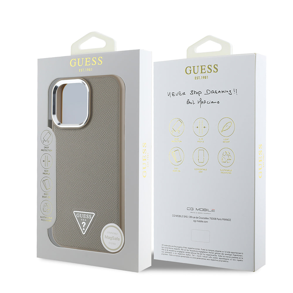 Guess Orijinal Lisanslı iPhone 16 Pro MagSafe Uyumlu Kılıf – Grained Triangle Tasarım Bej