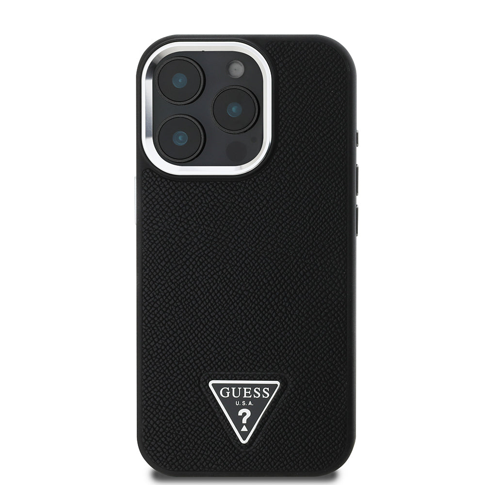 Guess Orijinal Lisanslı iPhone 16 Pro Max MagSafe Uyumlu Kılıf – Grained Triangle Tasarım Siyah