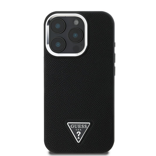 Guess Orijinal Lisanslı iPhone 16 Pro Max MagSafe Uyumlu Kılıf – Grained Triangle Tasarım Siyah