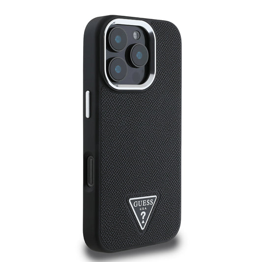 Guess Orijinal Lisanslı iPhone 16 Pro Max MagSafe Uyumlu Kılıf – Grained Triangle Tasarım Siyah
