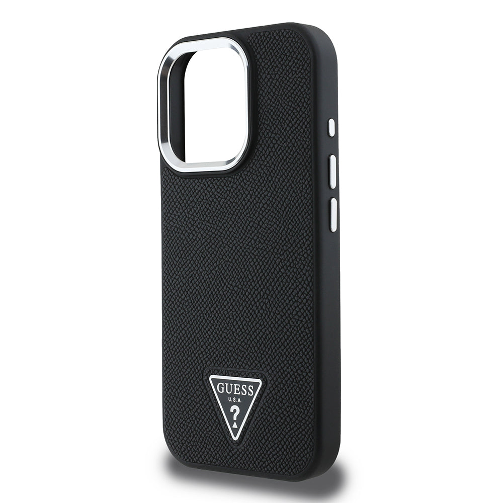 Guess Orijinal Lisanslı iPhone 16 Pro Max MagSafe Uyumlu Kılıf – Grained Triangle Tasarım Siyah