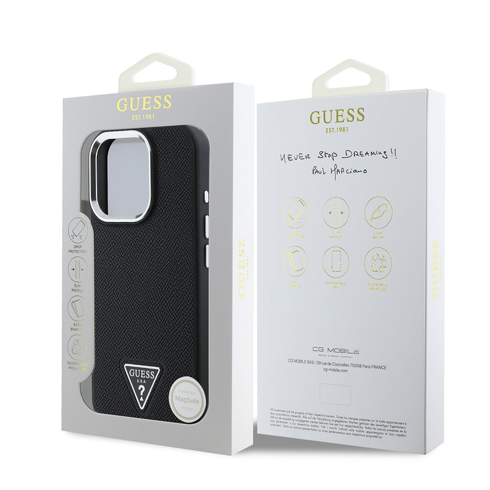 Guess Orijinal Lisanslı iPhone 16 Pro Max MagSafe Uyumlu Kılıf – Grained Triangle Tasarım Siyah