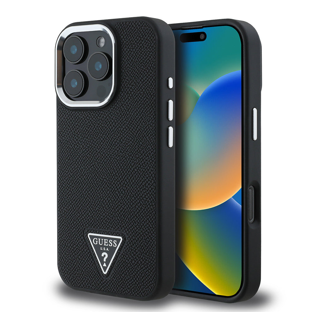 Guess Orijinal Lisanslı iPhone 16 Pro Max MagSafe Uyumlu Kılıf – Grained Triangle Tasarım Siyah
