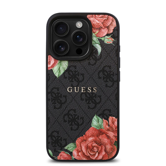 Guess Orijinal Lisanslı iPhone 16 Pro Max MagSafe Uyumlu Kılıf – Gül Baskılı, 4G Desenli, Yazı Logolu Siyah
