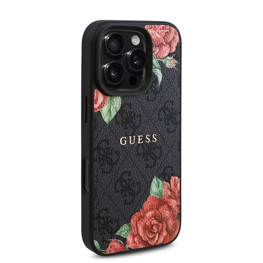 Guess Orijinal Lisanslı iPhone 16 Pro Max MagSafe Uyumlu Kılıf – Gül Baskılı, 4G Desenli, Yazı Logolu Siyah
