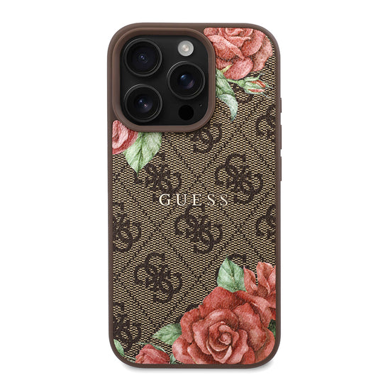Guess Orijinal Lisanslı iPhone 16 Pro Max MagSafe Uyumlu Kılıf – Gül Baskılı, 4G Desenli, Yazı Logolu Kahverengi
