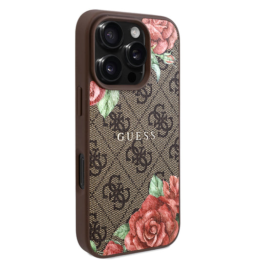 Guess Orijinal Lisanslı iPhone 16 Pro Max MagSafe Uyumlu Kılıf – Gül Baskılı, 4G Desenli, Yazı Logolu Kahverengi