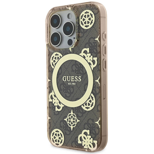 Guess Orijinal Lisanslı iPhone 16 Pro Max MagSafe Uyumlu Kılıf – IML Peony ve 4G Desenli, Klasik Logolu Kahverengi