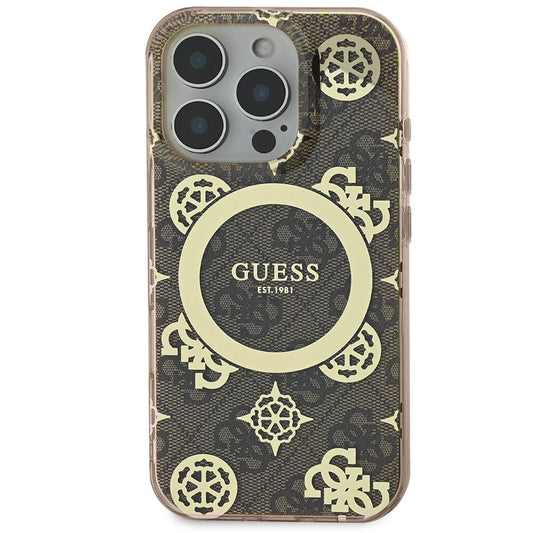 Guess Orijinal Lisanslı iPhone 16 Pro Max MagSafe Uyumlu Kılıf – IML Peony ve 4G Desenli, Klasik Logolu Kahverengi