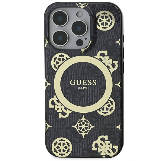 Guess Orijinal Lisanslı iPhone 16 Pro Max MagSafe Uyumlu Kılıf – IML Peony ve 4G Desenli, Klasik Logolu Siyah