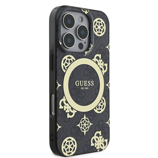 Guess Orijinal Lisanslı iPhone 16 Pro Max MagSafe Uyumlu Kılıf – IML Peony ve 4G Desenli, Klasik Logolu Siyah