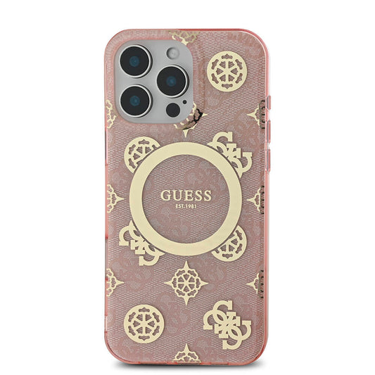 Guess Orijinal Lisanslı iPhone 16 Pro Max MagSafe Uyumlu Kılıf – IML Peony ve 4G Desenli, Klasik Logolu Pembe