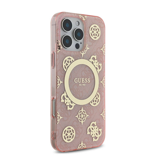 Guess Orijinal Lisanslı iPhone 16 Pro Max MagSafe Uyumlu Kılıf – IML Peony ve 4G Desenli, Klasik Logolu Pembe