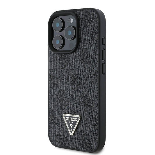 Guess Orijinal Lisanslı iPhone 16 Pro Max MagSafe Uyumlu Kılıf – PU Deri, 4G Desenli, Taşlı Üçgen Logolu Siyah