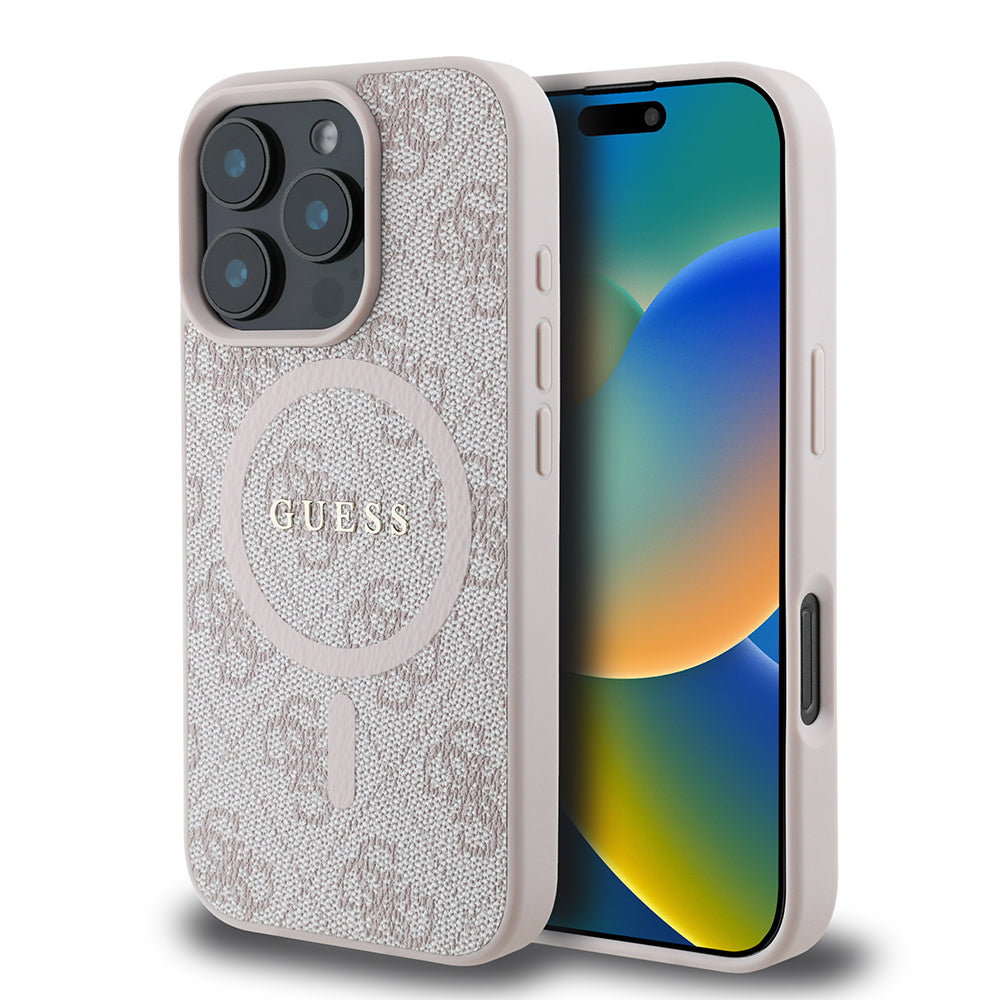 Guess Orijinal Lisanslı iPhone 16 Pro Max MagSafe Uyumlu Kılıf – 4G Desenli, PU Halkalı, Logolu Pembe