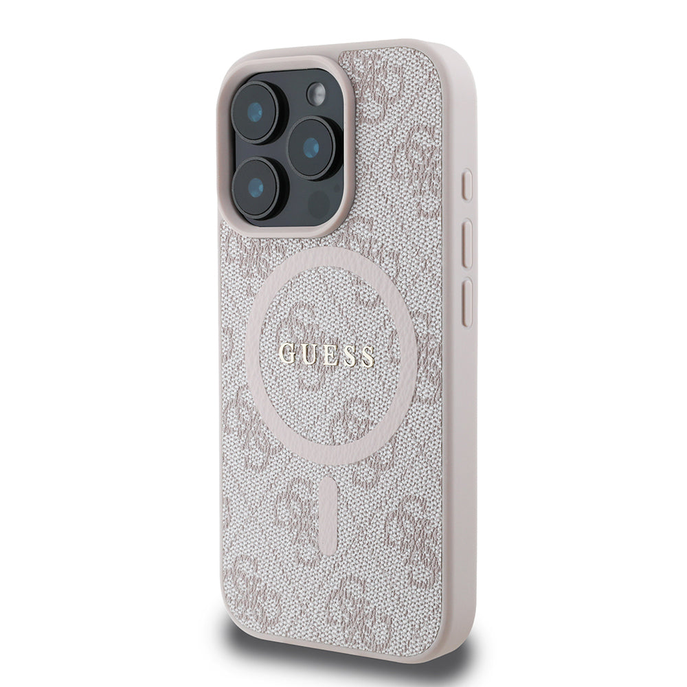 Guess Orijinal Lisanslı iPhone 16 Pro Max MagSafe Uyumlu Kılıf – 4G Desenli, PU Halkalı, Logolu Pembe