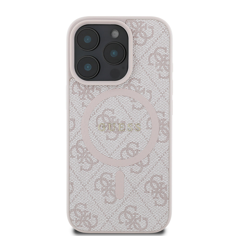 Guess Orijinal Lisanslı iPhone 16 Pro Max MagSafe Uyumlu Kılıf – 4G Desenli, PU Halkalı, Logolu Pembe