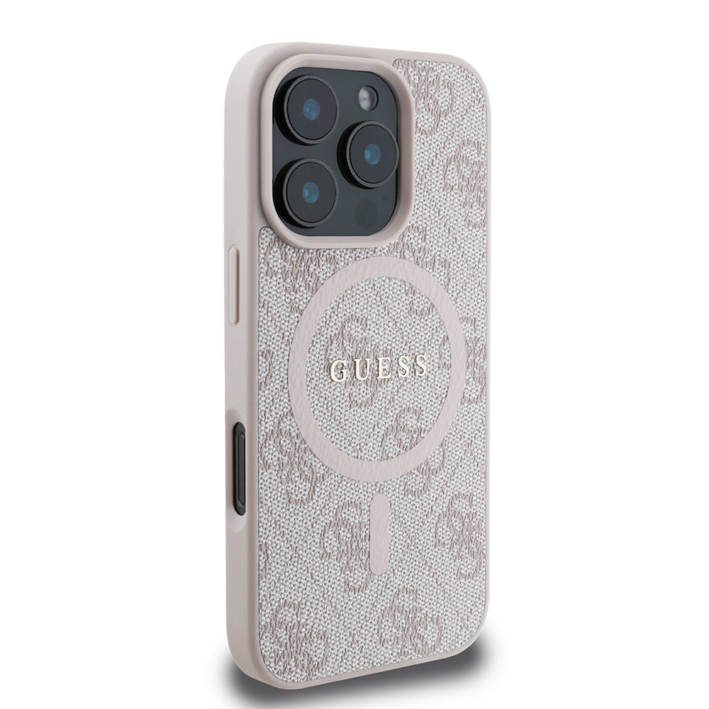 Guess Orijinal Lisanslı iPhone 16 Pro Max MagSafe Uyumlu Kılıf – 4G Desenli, PU Halkalı, Logolu Pembe