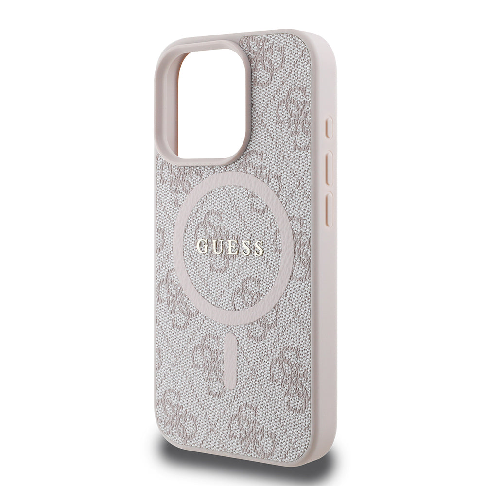 Guess Orijinal Lisanslı iPhone 16 Pro Max MagSafe Uyumlu Kılıf – 4G Desenli, PU Halkalı, Logolu Pembe
