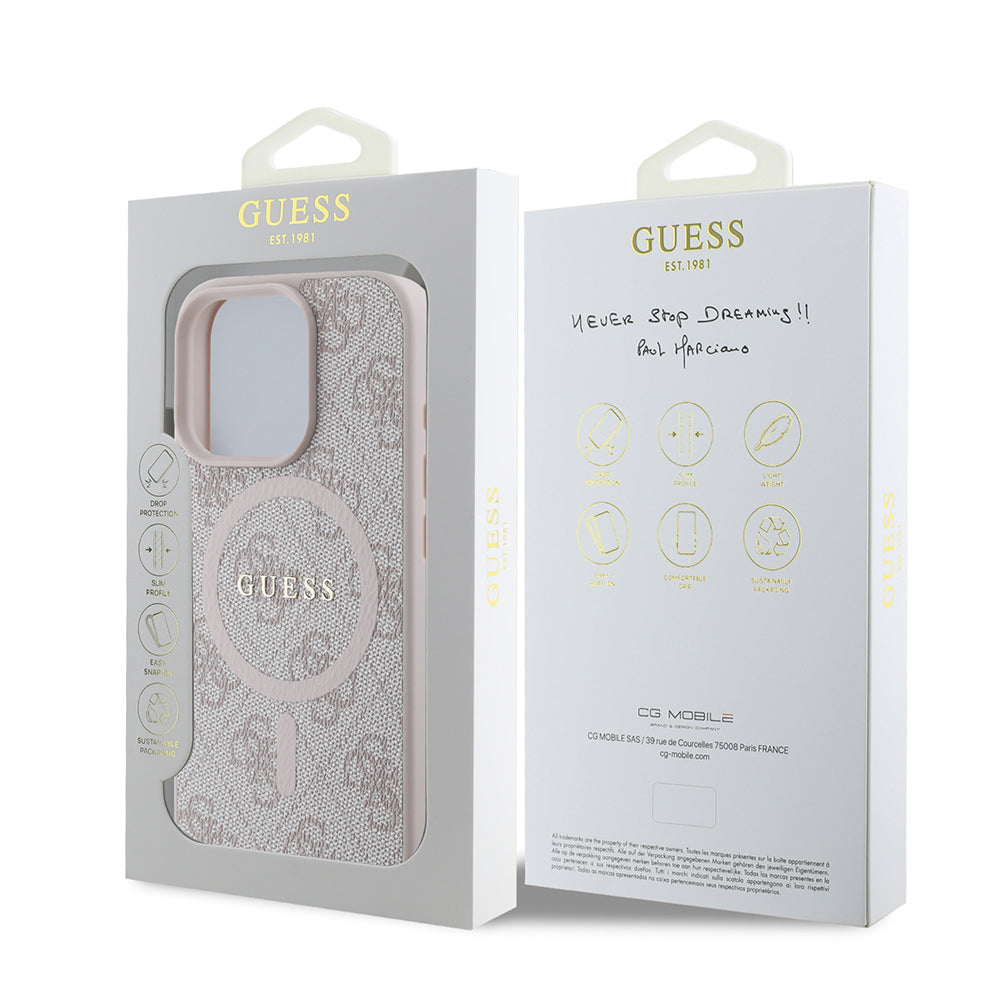Guess Orijinal Lisanslı iPhone 16 Pro Max MagSafe Uyumlu Kılıf – 4G Desenli, PU Halkalı, Logolu Pembe