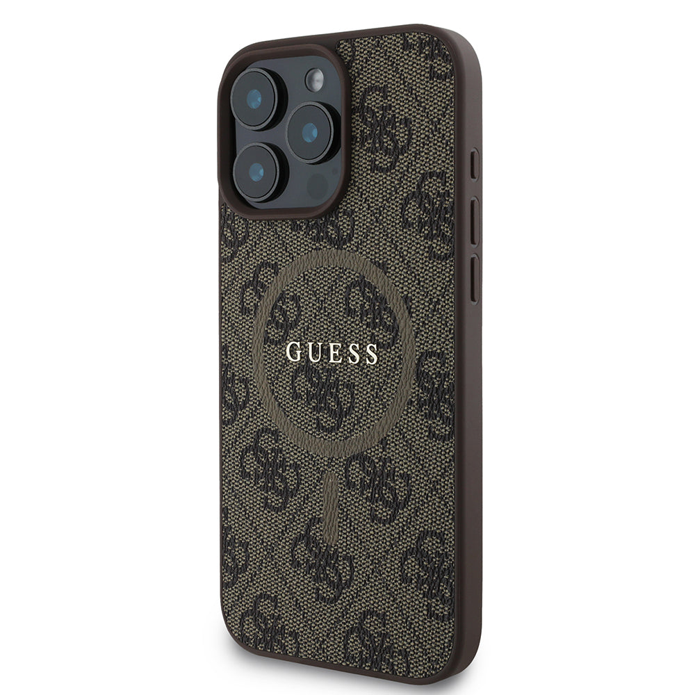 Guess Orijinal Lisanslı iPhone 16 Pro MagSafe Uyumlu Kılıf – 4G Desenli, PU Halkalı, Logolu Kahverengi