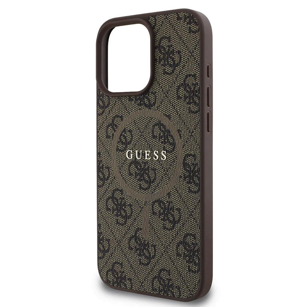 Guess Orijinal Lisanslı iPhone 16 Pro MagSafe Uyumlu Kılıf – 4G Desenli, PU Halkalı, Logolu Kahverengi